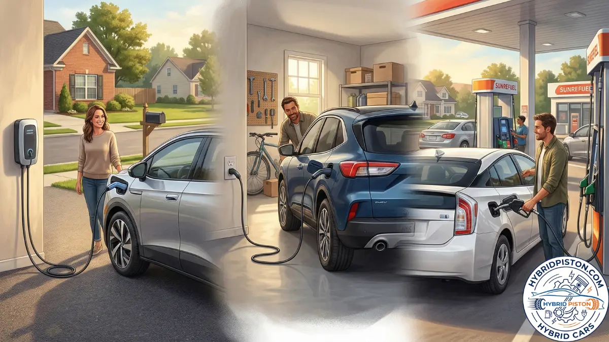 Everyday scenes of an EV charging at home, a PHEV plugged into a wall outlet, and a hybrid at a gas station