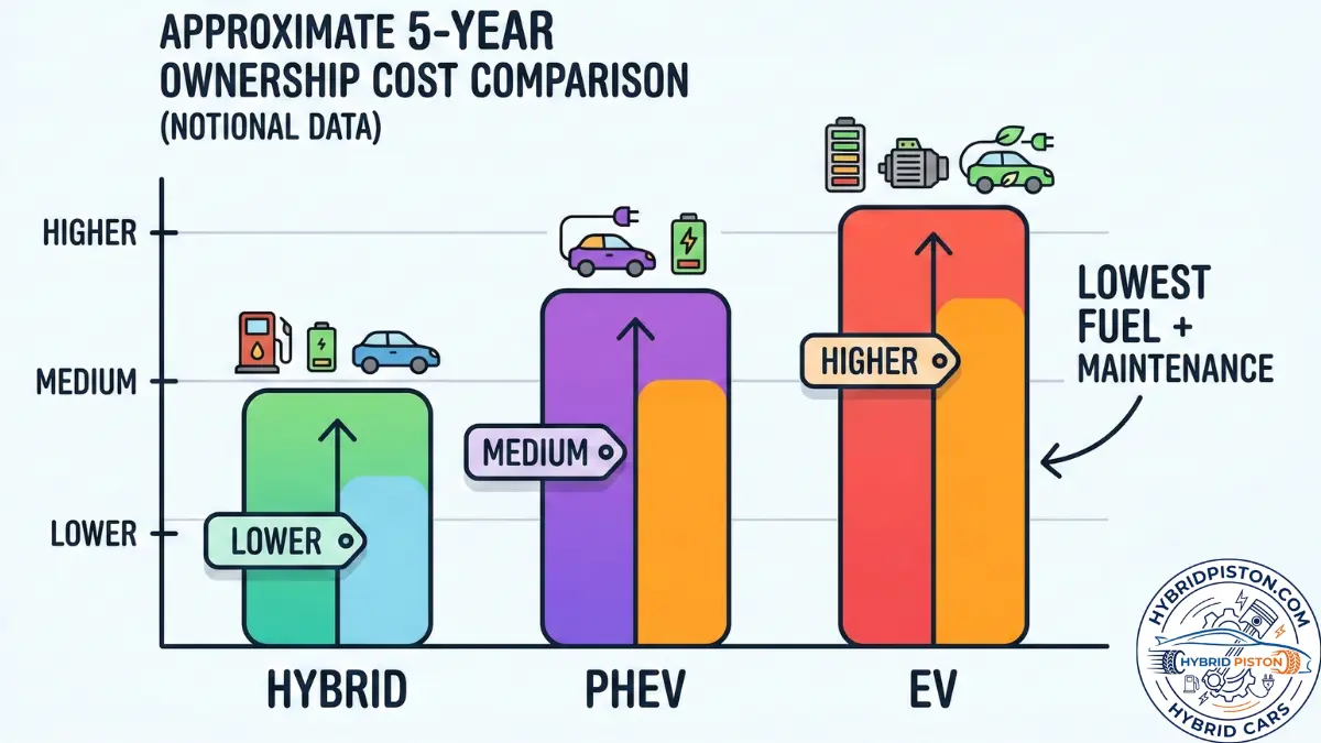 Stylized bar chart comparing 5‑year ownership costs of hybrid, plug‑in hybrid and EV
