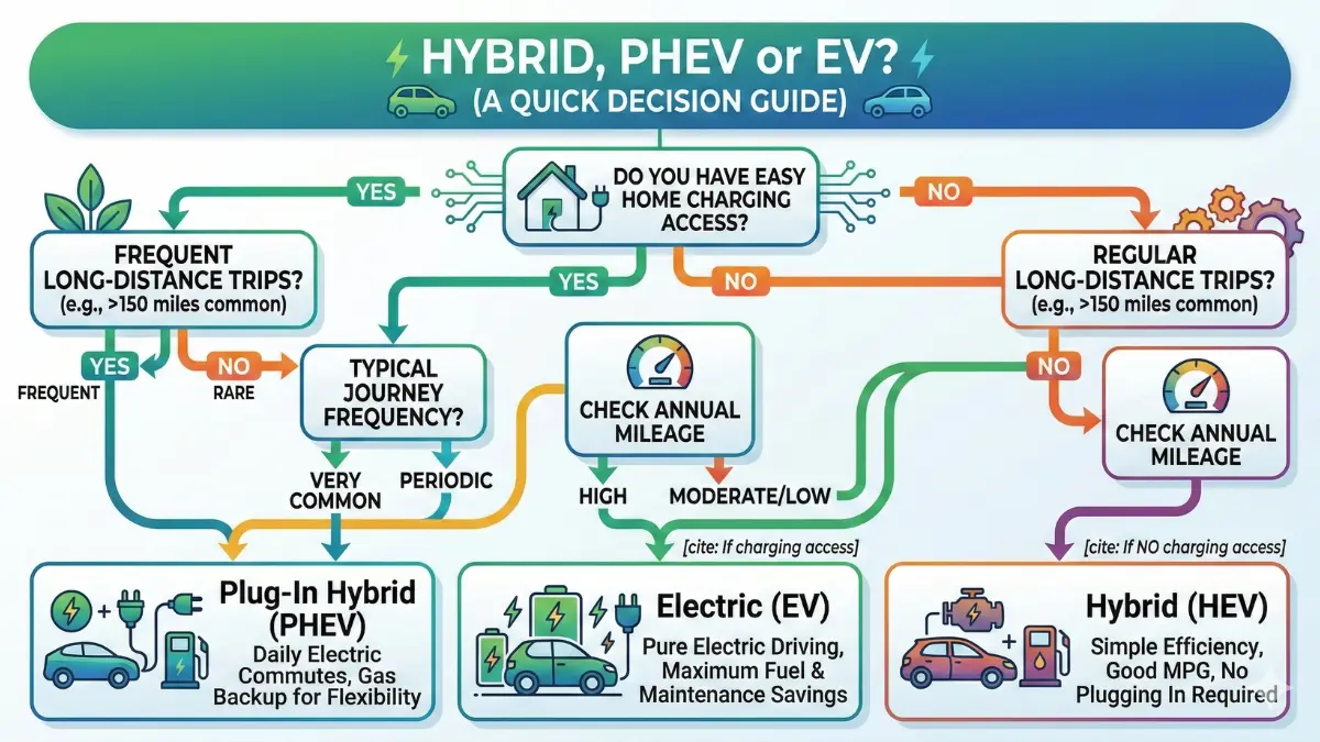 Decision flowchart helping readers choose between hybrid, plug‑in hybrid and EV