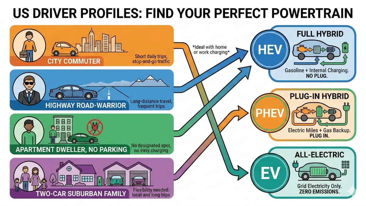 Infographic mapping common US driver profiles to hybrid, plug‑in hybrid or EV recommendations