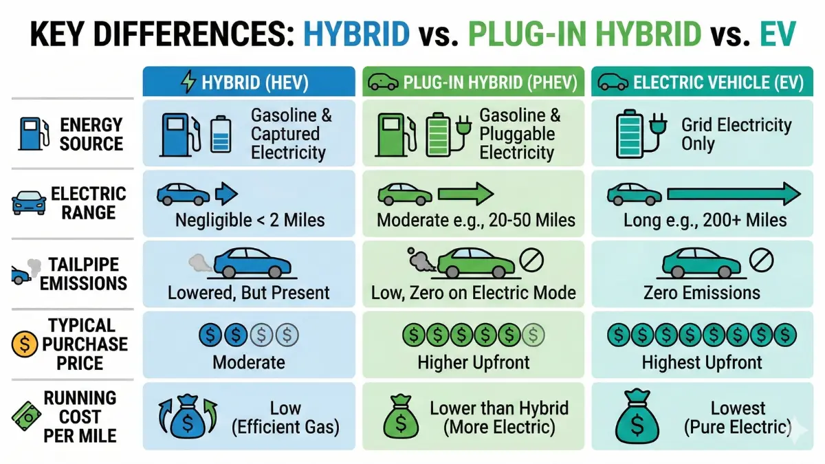 nfographic showing the main differences between hybrid, plug‑in hybrid and electric cars