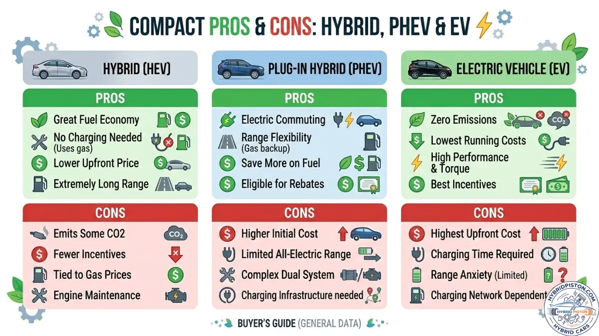 Mini infographic summarizing pros and cons of hybrid, plug‑in hybrid and electric cars